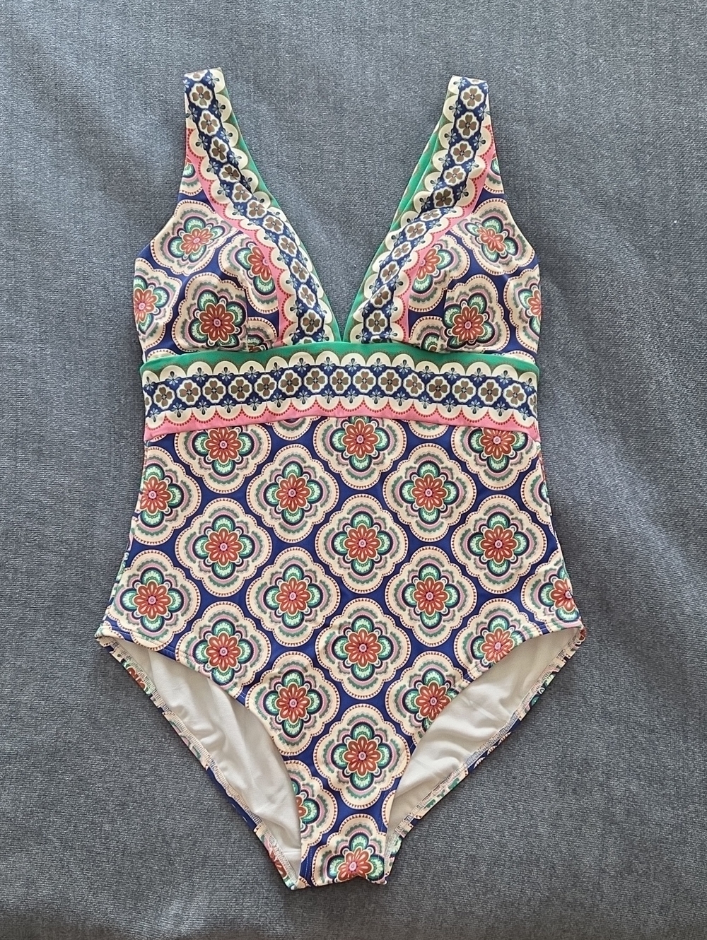 Boden Multicolor Floral Mosaic One-Piece Swimsuit — Pink, Navy & Green